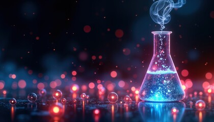 Neon glowing flask with swirling colorful liquid scientific innovation, discovery. Chemical reaction in laboratory flask with vivid colors. Intense energy of research. Creative, brilliant concept
