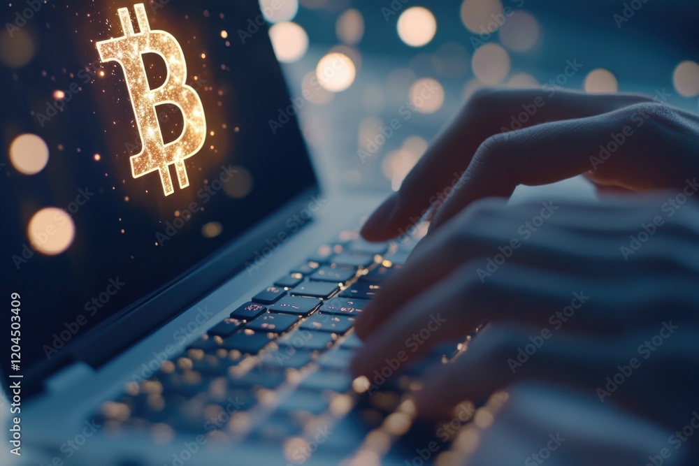 Poster A person working on their laptop with a Bitcoin transaction displayed on the screen