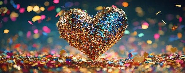 Confetti heart: Valentine's Day, glittery heart shape with colorful sparkles for a festive vibe