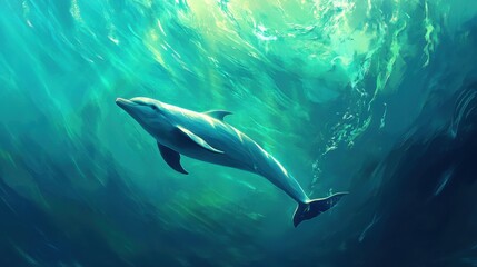 Fototapeta premium Solitary dolphin swimming in turquoise sea