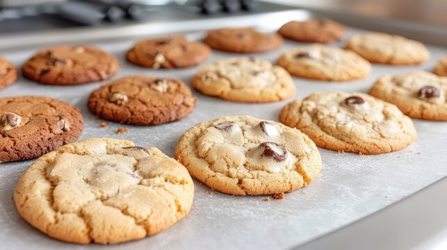 Freshly baked chocolate chip cookies on baking sheet (1)