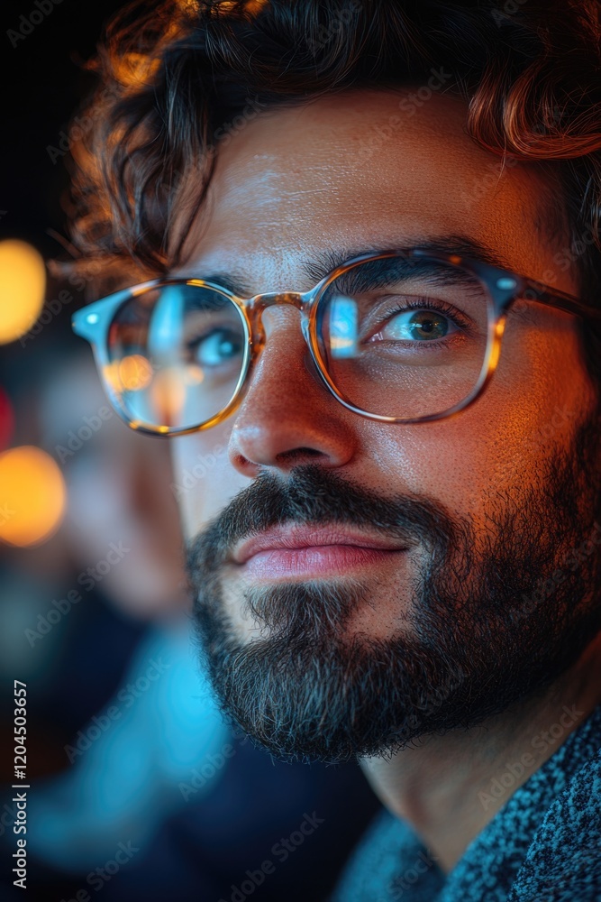 Poster a close-up shot of a man wearing glasses and a beard, suitable for use in editorial or commercial co