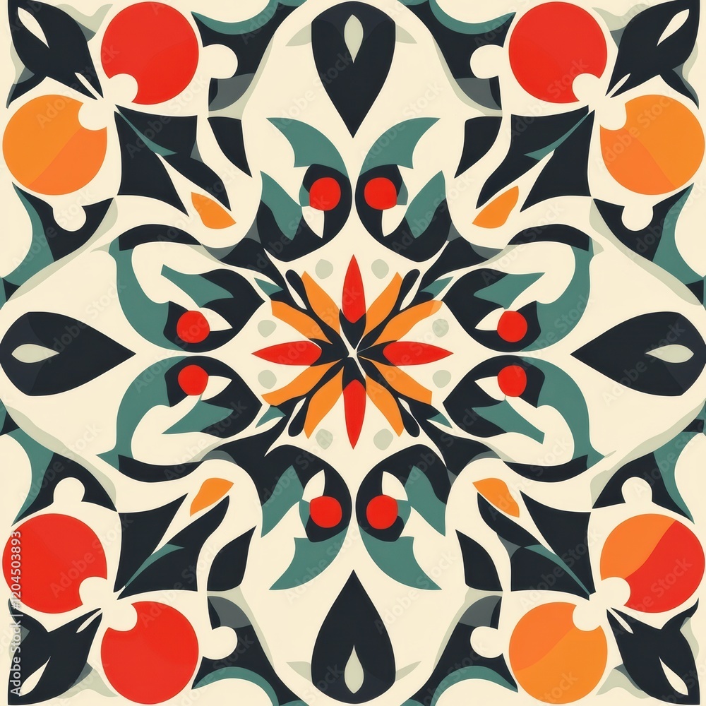 Poster colorful symmetrical pattern featuring vibrant floral designs and geometric shapes suitable for mode