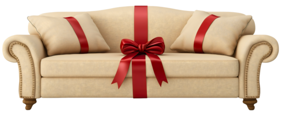 Isolated Elegant Sofa with Red Ribbon on White Background for Holiday Decor and Modern Interior Design