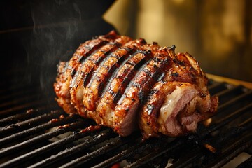 A sizzling piece of meat is being grilled on an outdoor barbecue, ready to be served