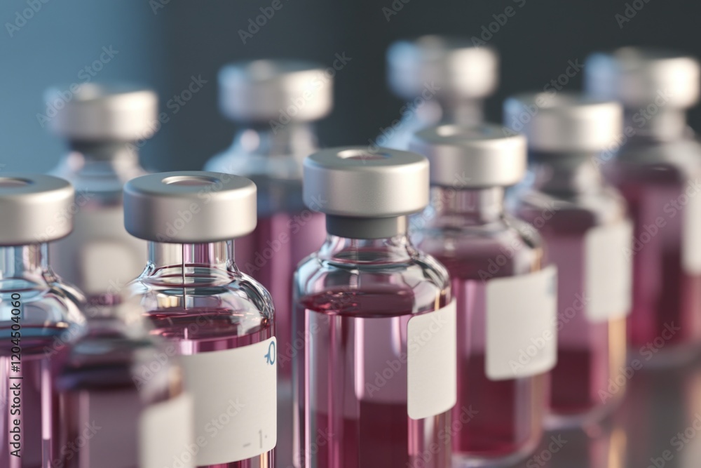 Poster row of bottles of various liquids with labels, suitable for medical or chemical use