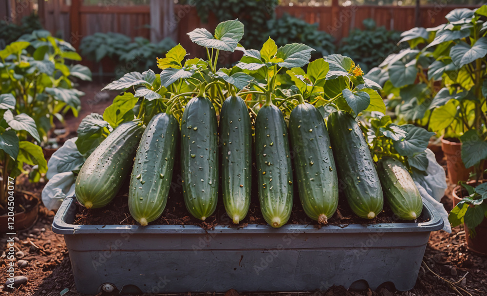 Poster Row of cucumbers are growing in a garden. The cucumbers are green and are growing in a tray