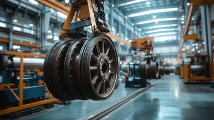 Fototapeta premium An industrial setting featuring large machine wheels suspended in a state-of-the-art factory, emphasizing precision and technological innovation.