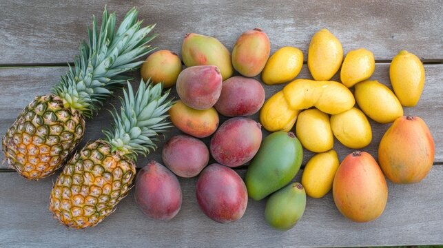 Assorted tropical fruits, pineapples and mangoes of various colors and sizes arranged on a rustic wooden surface.