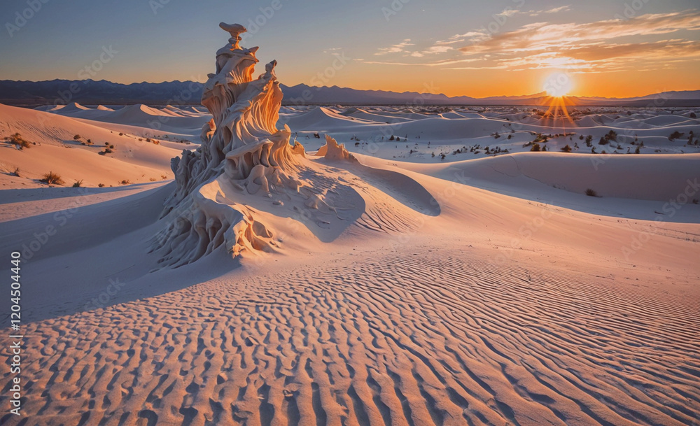 Poster desert landscape with a large rock formation in the middle. the sun is setting in the background, ca