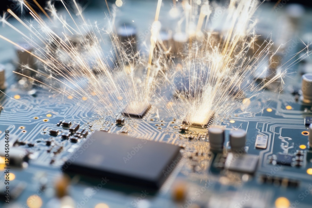 Poster a close-up shot of a computer motherboard with electrical sparks emanating from it, suitable for tec