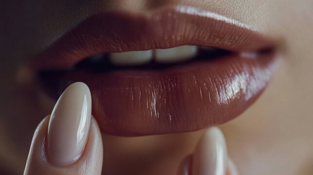 A close-up shot of a person's lips holding a nail brush, great for beauty or grooming related content