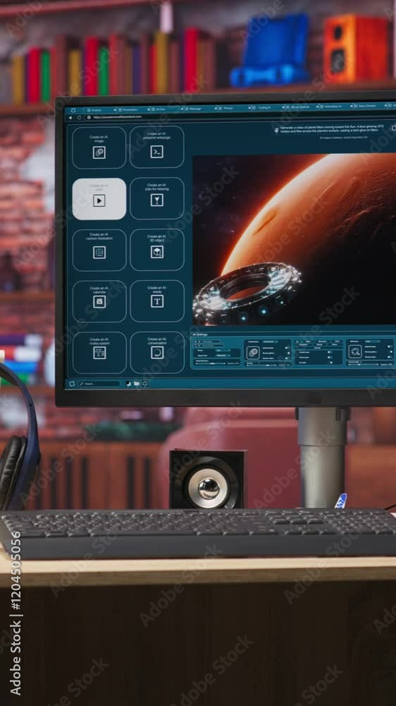 Poster vertical video ai program turning text prompt into videos results. monitor in desk surrounded by pla