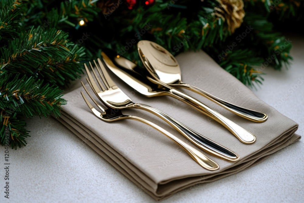 Poster formal dinner setup with silverware and napkin, suitable for event or party decoration