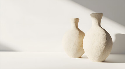 Minimalist clay vases in modern style, elegantly positioned on white background