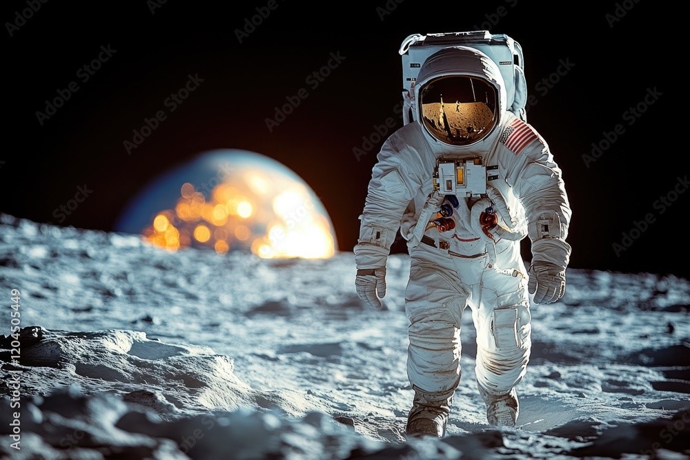 Poster Astronaut on moon's surface with lunar module in background, great for space-related projects and themes