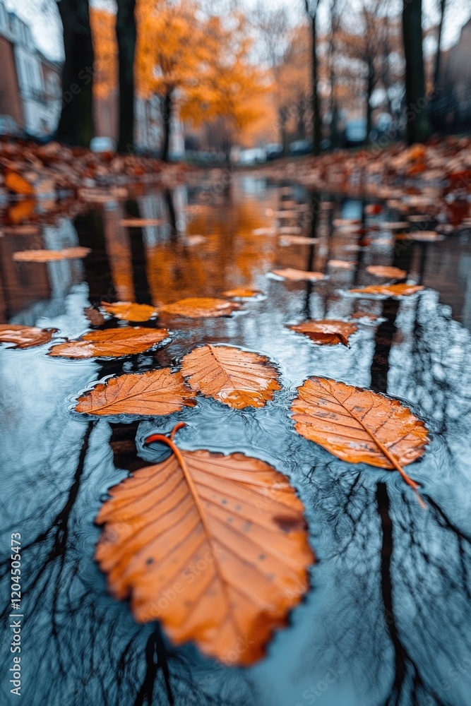 Poster A calm puddle with leaves and other debris floating on its surface
