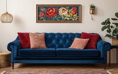 Velvet Sofa with Floral Artwork Living Room Decor