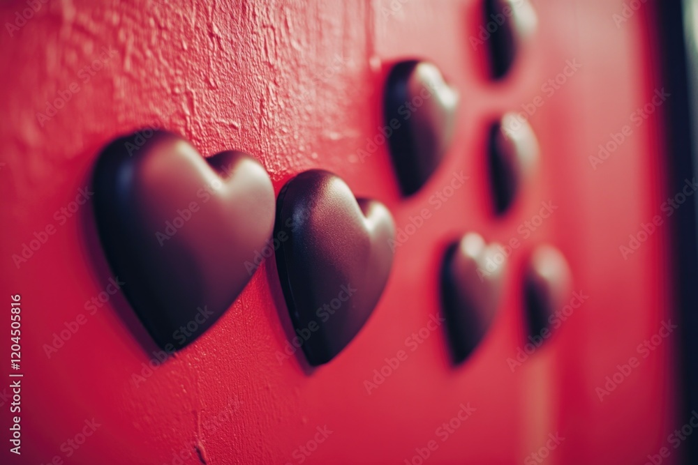 Poster a close-up view of a red wall covered in black hearts, ideal for use in romantic or valentine's day-