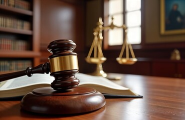 Wooden judges gavel rests on table. Law book open next to. Scales of justice blurred in background. Courtroom setting. Legal concept. Illustration of justice system. Symbol of law, order. Focus on
