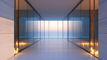 A modern interior space featuring glass walls, minimalistic design, and a serene view of the horizon at sunset.