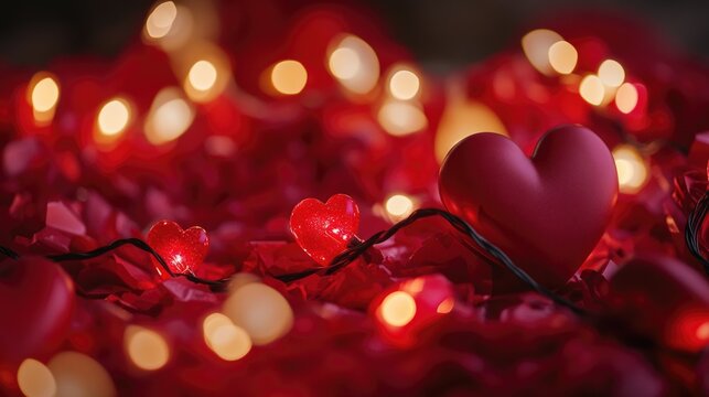 A symbolic representation of love and passion, this image features a bright red heart surrounded by lush red roses