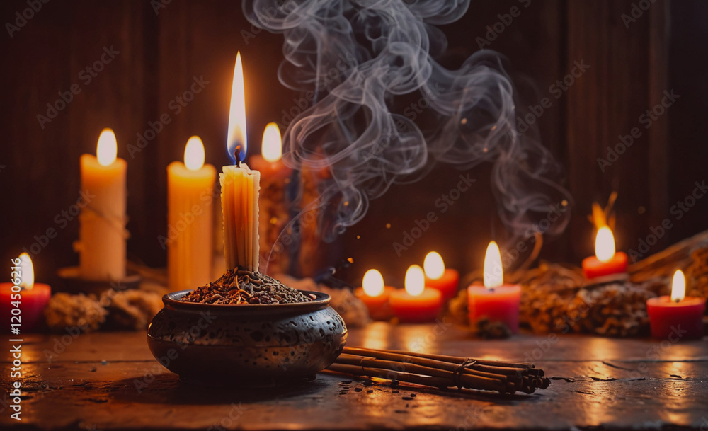 Poster table with candles and incense burning, creating a warm and cozy atmosphere. the candles are lit and