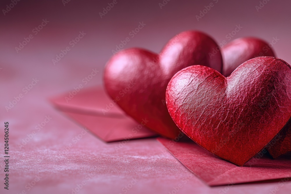 Poster close-up of three shiny red hearts on a red background