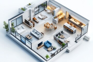 Obraz premium Isolated 3D floor plan of a modern home, showcasing the layout with white walls and furniture in an isometric perspective.