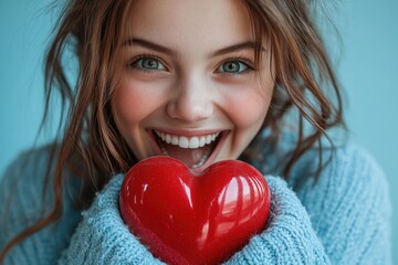 A woman holds a red heart in her hands, symbolizing love and affection