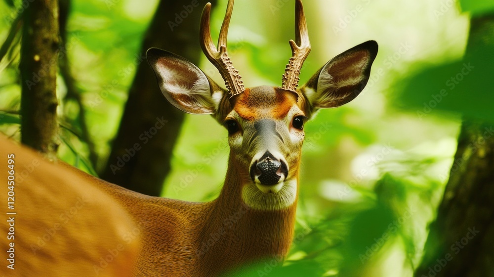 Poster a close-up shot of a deer standing in a forest, providing an intimate view of its natural habitat