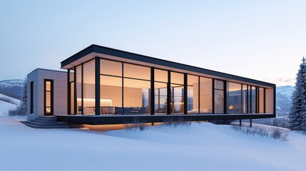 Fototapeta premium A modern, minimalist house with large glass windows, situated in a snowy landscape, reflecting contemporary architectural design.