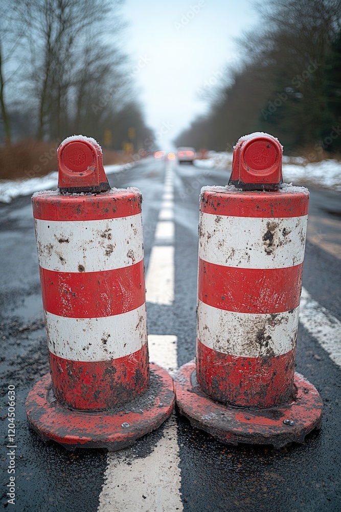 Poster two traffic cones sitting on the side of a road, ideal for use in scenes related to construction or 