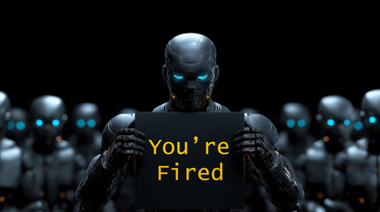 A humanoid AI robot holds a sign You’re Fired reflecting job displacement and unemployment of humans in the workforce from downsizing due to automation of artificial intelligence