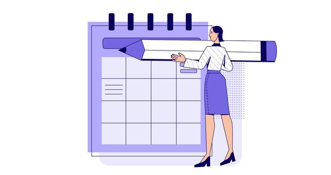 Business activity scene. Moving banner with female office worker making schedule on calendar and planning work tasks. Productivity, efficiency and time management. Cartoon flat animated graphics