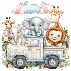 Cute pastel color nuresery safari animals in a truck clipart