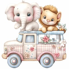 Cute pastel color nuresery safari animals in a truck clipart