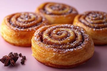Fototapeta premium Close-up shot of three sweet cinnamon rolls on a pink surface