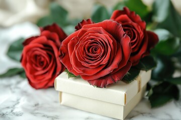 A bouquet of three red roses sits atop a white gift box, perfect for romantic occasions or as a symbol of love and appreciation