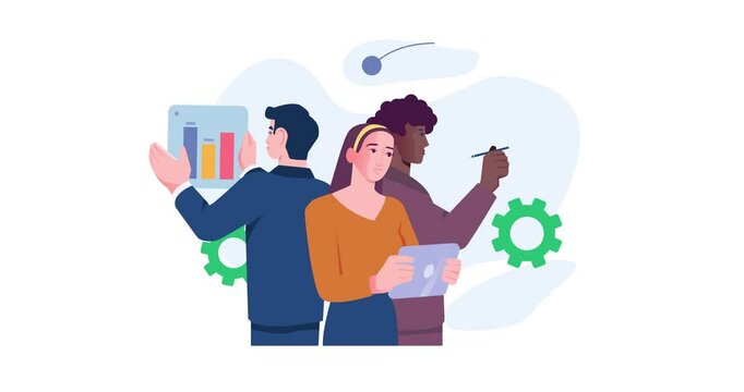 Business teamwork. Moving banner with office workers analyzing financial statistics and developing strategy for company growth. Partnership and collaboration. Cartoon flat animated graphics