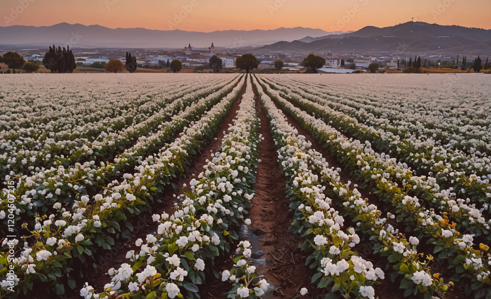 Poster field of white flowers with a beautiful sunset in the background. the flowers are arranged in neat r