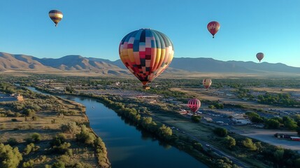 Obraz premium Aerial View of Hot Air Balloons Soaring Over Scenic River Valley Landscape Under a Clear Blue Sky