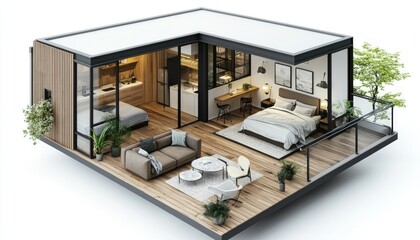 Isometric 3D rendering of a tiny loft-style house, featuring clean lines, white walls, and modern design elements