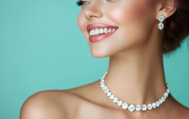 An ethereal close-up of a woman adorned with sparkling diamond jewelry, her smile captivating against a pastel mint background for valentines day