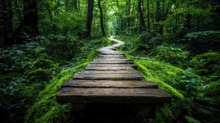 Forest path, wooden walkway, moss, lush greenery, nature exploration, travel photography