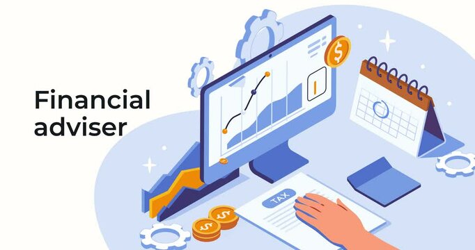 Financial adviser. Moving banner with business analyst, consultant or accountant analyzing data and preparing financial report for clients. Landing Page Template. Isometric 3D animated graphics