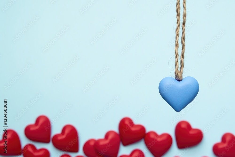 Poster A single blue heart hangs from a string amidst a backdrop of multiple red hearts