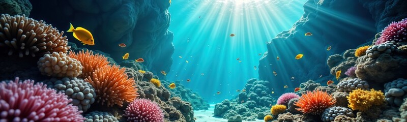 Vibrant underwater scene colorful marine life. Bright corals, fishes swim in clear ocean. Sunlight streams through water. Tech marine eco scene looks realistic. Eco friendly nature photo. Expertly