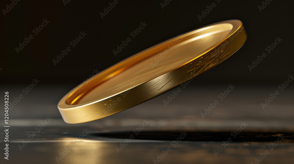 Poster golden coin floating above surface, casting shadow, showcasing its shiny texture and reflective prop