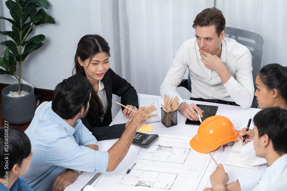 Aufkleber diverse group of civil engineer and client working together on architectural project, reviewing cons